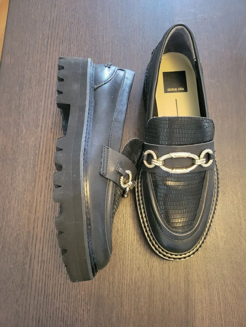 Dolce Vita Black Loafers with Gold Chain Accent